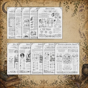 May include: A collection of ten informational reference sheets featuring black and white illustrations and text. The sheets cover topics including oracle cards, tarot, moon phases, garden magick, kitchen witchcraft, and weather and seasonal magick.