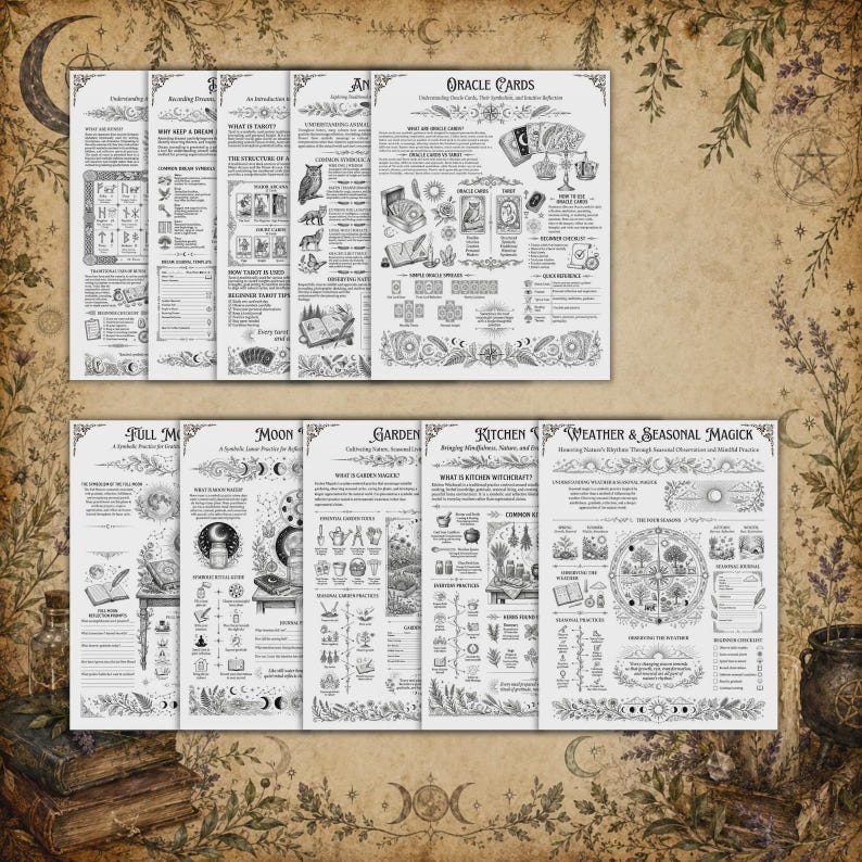 May include: A collection of ten informational reference sheets featuring black and white illustrations and text. The sheets cover topics including oracle cards, tarot, moon phases, garden magick, kitchen witchcraft, and weather and seasonal magick.