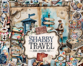 Shabby Travel Junk Journal Kit | Digital Download Printable Ephemera | Vintage Scrapbook Paper Pack | 22 Page Collage Set