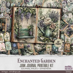 May include: An open book with watercolor illustrations of a garden scene. One page shows a swing, the other a watering can filled with flowers. The text reads "Enchanted Garden Junk Journal Printable Kit". Includes 50 pages.