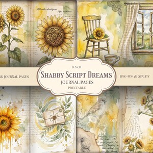 Könnte beinhalten: Eine Sammlung von 20 druckbaren Junk-Journal-Seiten mit Aquarell-Thema. Die Seiten zeigen Sonnenblumen, einen Stuhl, ein Fenster und andere Vintage-Elemente. Der Text "Shabby Script Dreams" wird angezeigt.