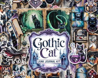 Gothic Cat Junk Journal Kit | Vintage Grunge Digital Download | Printable Ephemera | Scrapbook Paper Pack