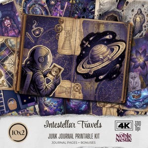 May include: A vintage-style junk journal printable kit with an astronaut, planets, and celestial elements. The open journal features illustrations of space, gears, and a cup of coffee. The kit includes journal pages and bonuses.