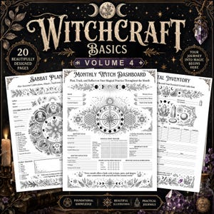 May include: A Witchcraft Basics Volume 4 printable set featuring 20 pages with black and white illustrations. The pages include a Sabbat Planner, a Monthly Witch Dashboard with a moon phase compass, and a Crystal Inventory log for tracking collections.
