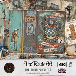 May include: A vintage-style junk journal printable kit with a Route 66 theme. The design features illustrations of a hitchhiker, road signs, and a Route 66 shield. The kit includes journal pages and bonuses, with a total of 10 pages.