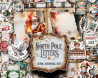 North Pole Letters Junk Journal Kit, Digital Christmas Ephemera, Printable Santa Mail, Scrapbook Paper, Instant Download