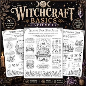 Pode incluir: Um guia instrutivo Witchcraft Basics Volume 1 apresentando três páginas brancas com ilustrações e texto em tinta preta. As páginas cobrem tópicos incluindo a compreensão da energia, a criação de um altar e o uso de ferramentas mágicas.