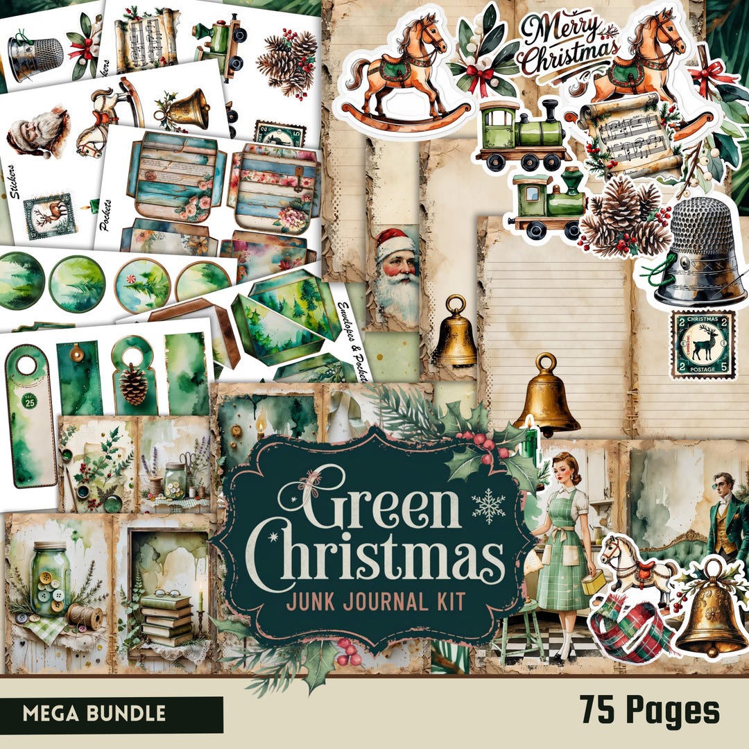 Vintage Green Christmas Junk Journal Kit – Printable Ephemera (digital ...
