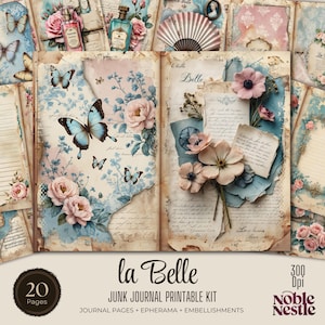 Kit de carnet La Belle, roman italien à imprimer, pages de journal indésirable vintage, ensemble floral éphémère, paquet de papier ligné, album de scrapbooking shabby chic