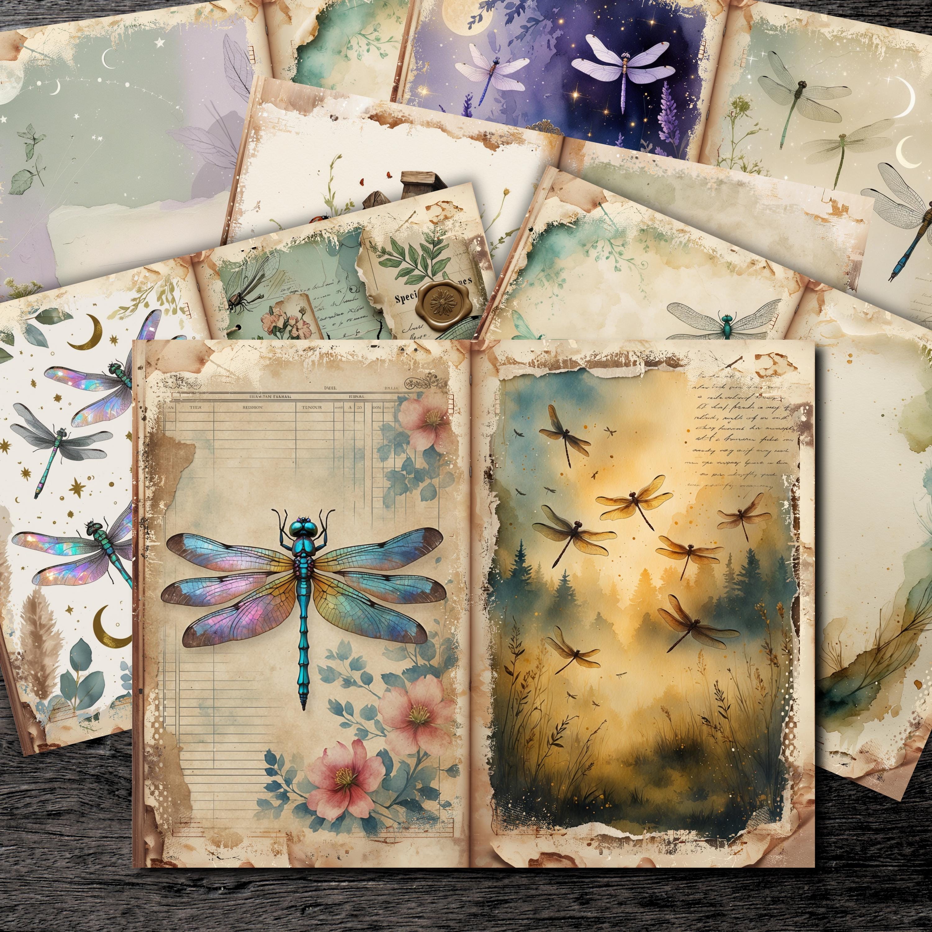 Dragonfly Junk Journal Kit: Vintage Watercolor Ephemera (digital ...