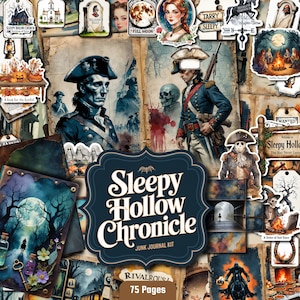 Könnte beinhalten: Eine Sammlung von Ephemera und Illustrationen im Vintage-Stil mit dem Thema Sleepy Hollow. Enthält Porträts, gruselige Szenen und den Text "Sleepy Hollow Chronicle, Junk Journal Kit, 75 Pages". Die Farbpalette umfasst Blau-, Braun- und Orangetöne.