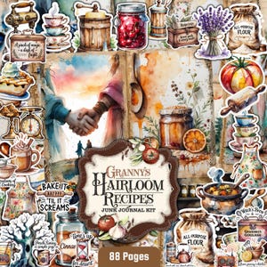 Puede incluir: Un collage de ilustraciones estilo acuarela con temática de libro de cocina vintage. Incluye tarros de cerezas, sacos de harina, lavanda y una pancarta central que dice "Granny's Heirloom Recipes". La imagen tiene un aspecto rústico y nostálgico, con el texto "88 Pages".