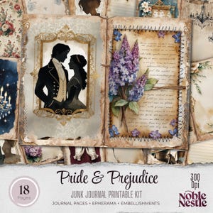 May include: A printable junk journal kit with 18 pages featuring a vintage aesthetic. The kit includes images of a couple in silhouette, a bouquet of purple lilacs, and a chandelier. The text "Pride & Prejudice" is printed on the front of the kit.