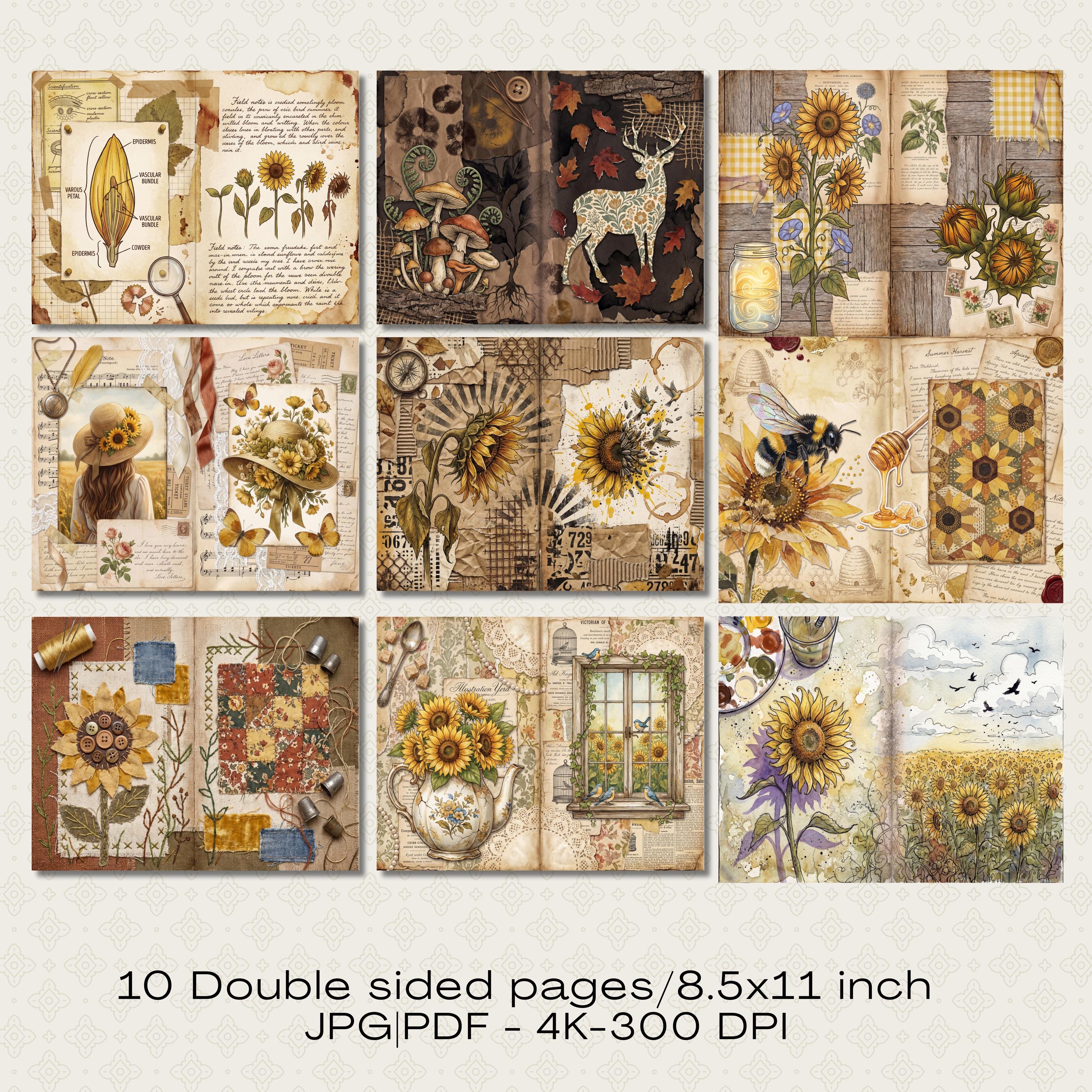 Vintage Sunflower Junk Journal Kit | Digital Download Printable ...