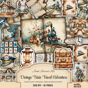Puede incluir: Una colección de elementos con temática de trenes vintage, que incluye una ilustración en acuarela de un tren de vapor, equipaje y una estación de tren. El texto "Vintage Train Travel Adventure" se muestra en una pancarta. Incluye páginas de diario y bolsillos.