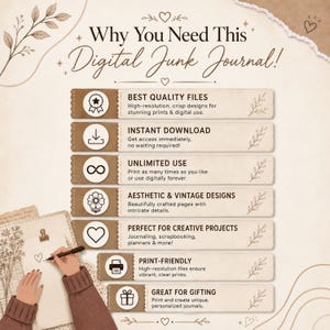 May include: An informational graphic titled Why You Need This Digital Junk Journal! featuring six horizontal beige banners with brown edges. Each banner displays a black icon and text describing benefits like best quality files, instant download, unlimited use, aesthetic designs, creative projects, print-friendly files, and gifting options.