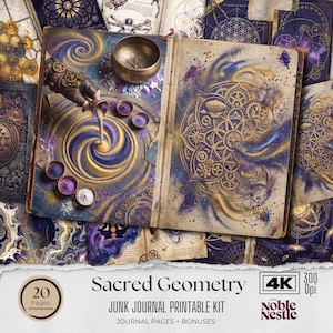 May include: A digital junk journal printable kit with a sacred geometry theme. The image features an open book with intricate golden designs and swirling blue and gold patterns. The text "Sacred Geometry" and "Junk Journal Printable Kit" are visible.