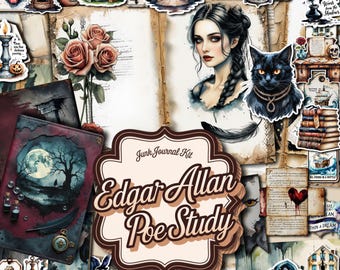 May include: A collage of vintage-style ephemera, including illustrations of a woman, a black cat, roses, and a full moon. The central element is a decorative label that reads "Edgar Allan Poe Study" with "101 Pages" below. The overall theme is gothic and vintage.