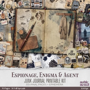 May include: A vintage-themed junk journal printable kit with the text "Espionage, Enigma & Agent." The kit includes journal pages and ephemera, featuring a notebook, a pen, a coat, an umbrella, and various vintage-style stickers and images. The kit contains 50 pages.