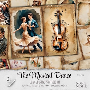 Puede incluir: Un kit de diario de chatarra imprimible con 21 páginas con una estética vintage. El kit incluye imágenes de una pareja bailando, un violín con notas musicales y un micrófono vintage. El texto "The Musical Dance" aparece en la portada.