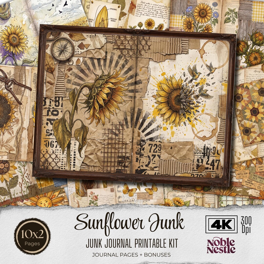 Vintage Sunflower Junk Journal Kit | Digital Download Printable ...