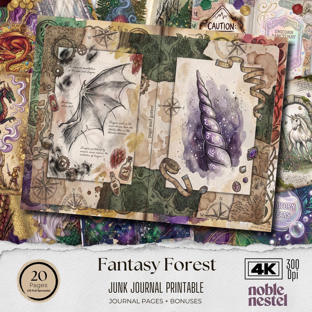 Fantasy Forest Junk Journal Pages II | Dragon Unicorn Mythical Digital ...