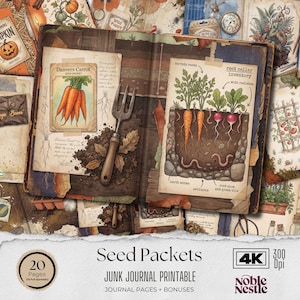 Puede incluir: Un imprimible de diario basura de estilo vintage con ilustraciones de paquetes de semillas. El libro abierto muestra dibujos de zanahorias y hortalizas de raíz, junto con una horca de jardín. El diario incluye el texto "Seed Packets" y "Junk Journal Printable".