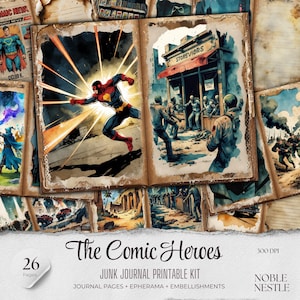 Zestaw komiksowy Super Hero Junk Journal, Ephemera, Strony Junk Journal, Zestaw DIY, Folie Junk Journal, Ozdoby, Dziennik Junk dla dzieci, Zestaw do majsterkowania