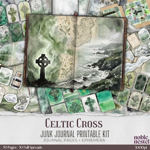 May include: A Celtic Cross junk journal printable kit with journal pages and ephemera. The open journal features a watercolor illustration of a Celtic cross, a coastal landscape, and botanical elements. The kit includes tags and squares with Celtic cross designs. The text "Celtic Cross" is visible.