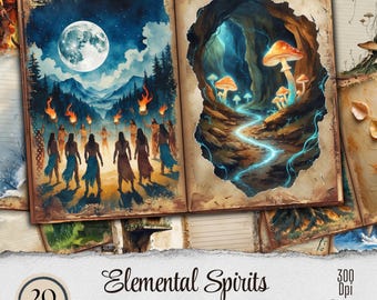 May include: A printable junk journal kit with 20 pages featuring an illustration of a moonlit forest scene with people holding torches and a cave with glowing mushrooms. The kit is titled "Elemental Spirits" and includes ephemera and embellishments. The kit is 300 dpi.