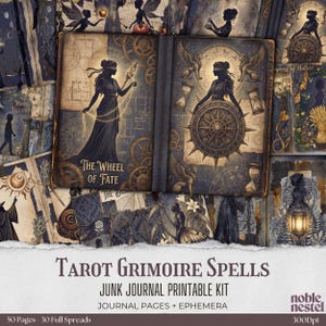 May include: A collection of vintage-style journal pages and ephemera. The open book features a woman with a blindfold, a wheel, and the text "The Wheel of Fate." The color palette includes blues, browns, and golds. The text at the bottom reads "Tarot Grimoire Spells."