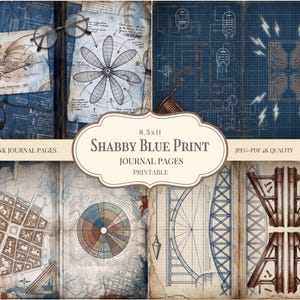 Puede incluir: Un conjunto de 20 páginas imprimibles de diario basura con un diseño de plano azul desgastado. Las páginas presentan planos, diagramas e ilustraciones vintage, incluyendo un dirigible, una hélice y elementos arquitectónicos. Las páginas miden 21,59 x 27,94 cm.