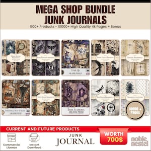 Könnte beinhalten: Werbebild für ein Junk-Journal-Bundle. Das Bild zeigt eine Sammlung digitaler Journalseiten mit Themen wie Gothic, Fantasy und Vintage. Der Text enthält "Mega Shop Bundle", "Junk Journals" und "500+ Products".