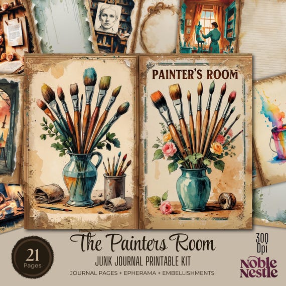 Painter's Room Junk Journal Kit: Vintage Ephemera, Floral Papers (Digital Download)