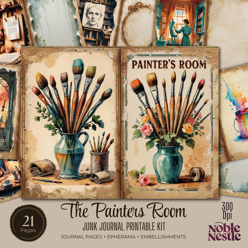 May include: A printable junk journal kit with 21 pages, featuring a vintage-style illustration of paintbrushes in a vase with the text "The Painters Room" and "Painter's Room".