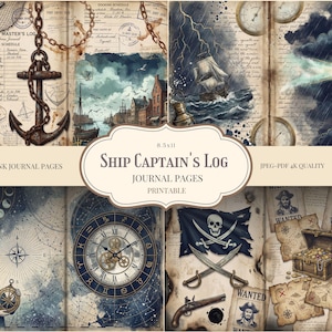 Peut inclure: Ensemble de 20 pages de journal imprimables sur le thème nautique. Les pages présentent des illustrations de navires, d'ancres, de cartes, d'horloges et d'imagerie liée aux pirates. Le texte "Ship Captain's Log" est affiché en évidence.