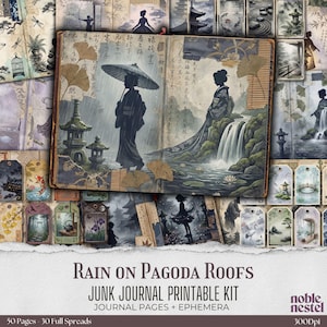 Puede incluir: Un kit de diario digital con temática japonesa. El diario abierto presenta ilustraciones de figuras con vestimenta tradicional, pagodas y cascadas. El kit incluye páginas de diario y efímeras. El texto dice "Rain on Pagoda Roofs".