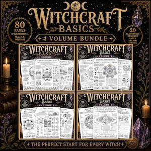 Könnte beinhalten: Ein vierteiliges Set mit dem Titel Witchcraft Basics, das 80 Seiten gedruckten Inhalt umfasst. Jeder Band enthält 20 Seiten mit detaillierten schwarz-weißen Illustrationen, Diagrammen und Texten zu Themen wie Altäre, planetarische Korrespondenzen und Gartenmagie.