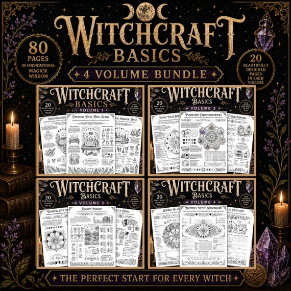 Witchcraft Basics Bundle  4 Volumes, Book of Shadows Printable, Beginner Witch Grimoire, Witchcraft Journal, 80 Page Digital Download