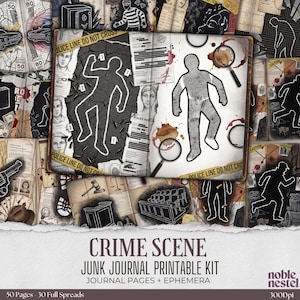 Puede incluir: Un collage de páginas de diario y efímeras con temática de escena del crimen. El diseño incluye contornos de cuerpos, lupas, salpicaduras de sangre y cinta policial. El texto "CRIME SCENE JUNK JOURNAL PRINTABLE KIT" es visible.