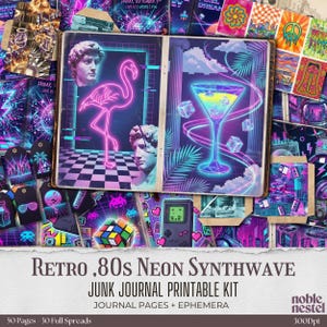 Puede incluir: Colección de páginas de diario imprimibles y efímeras con un tema retro neón synthwave de los 80. El diseño presenta un flamenco de neón, un cóctel y bustos clásicos. El texto dice "Retro, 80s Neon Synthwave Junk Journal Printable Kit."