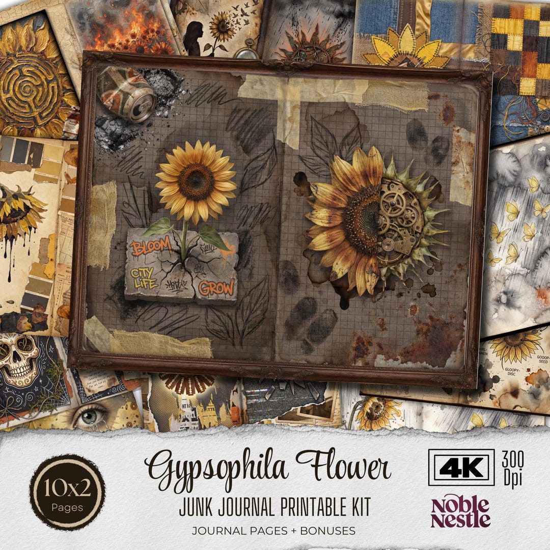 Sunflower Grunge Junk Journal Kit | Digital Download Printable Paper ...