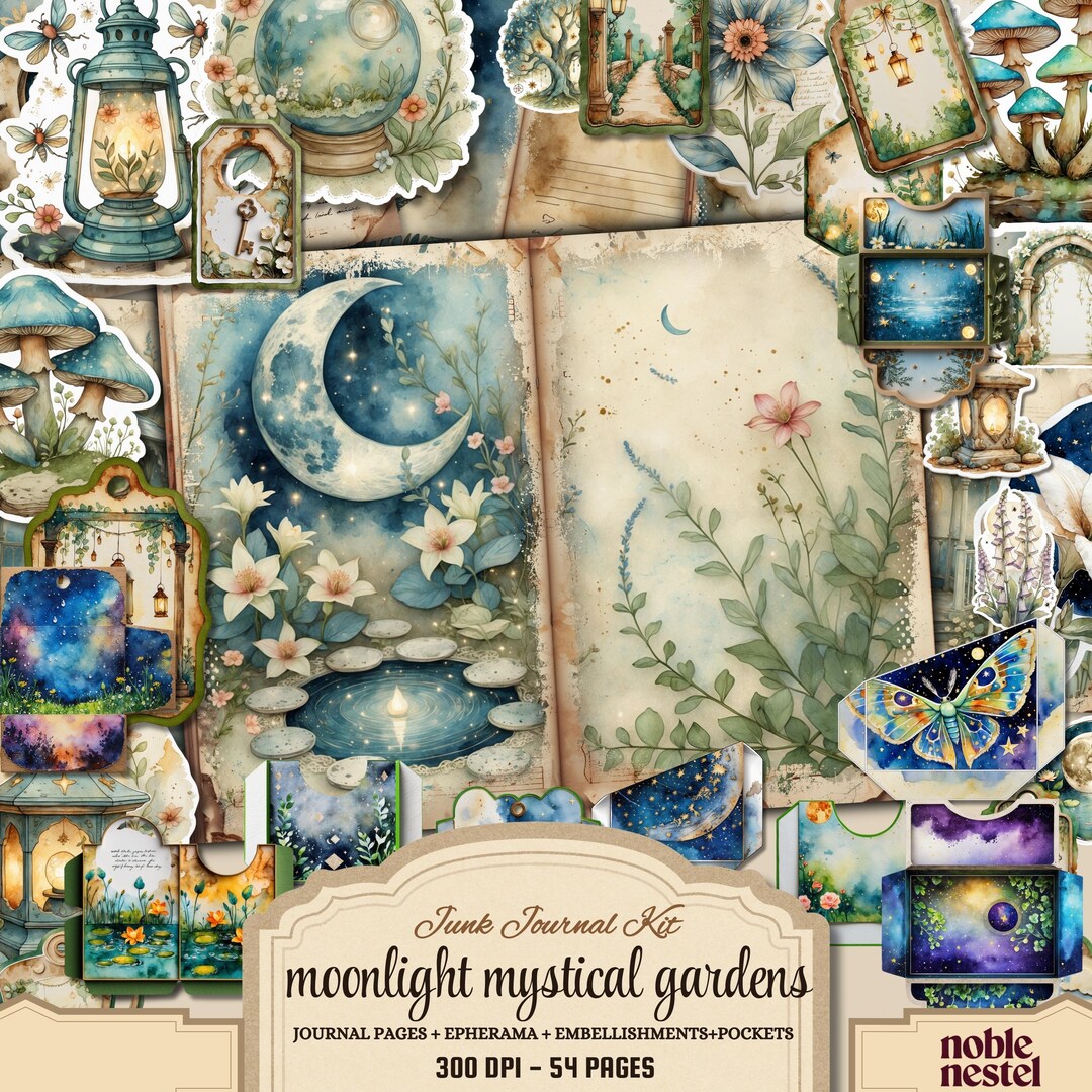 Moonlight Gardens Junk Journal Kit: Mystical Ephemera, Stickers (PDF ...