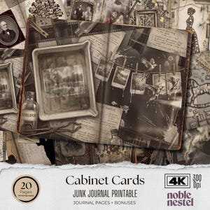 Puede incluir: Un collage digital de estilo vintage con fotografías antiguas, tiras de película y notas manuscritas. La imagen incluye una bandeja de revelado, botellas etiquetadas "DEVELOPER" y el texto "Cabinet Cards, Junk Journal Printable".