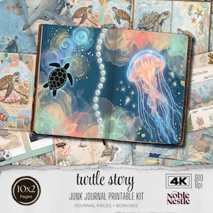 May include: A digital junk journal printable kit titled "turtle story." The open journal features a black turtle and a jellyfish illustration with a pearl strand. The background includes sea turtles, whales, and other marine life. The kit includes journal pages and bonuses.