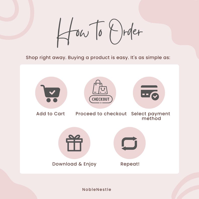 May include: A pink and white graphic with the text "How to Order" and a series of icons depicting the steps to purchase a product online. The icons include a shopping cart, a checkout bag, a credit card, a gift box, and a repeat symbol.