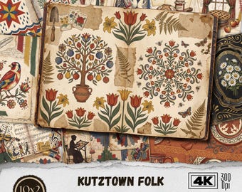 Kutztown Folk  Digital Junk Journal Paper Pack | Pennsylvania Dutch 4K Backgrounds | Junk Journal Pages | Scrapbook Paper