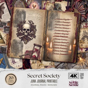 May include: A digital junk journal printable with a vintage aesthetic. The open pages feature a skull and crossbones, an hourglass, and a key. The text reads "Secret Society" and "Junk Journal Printable."