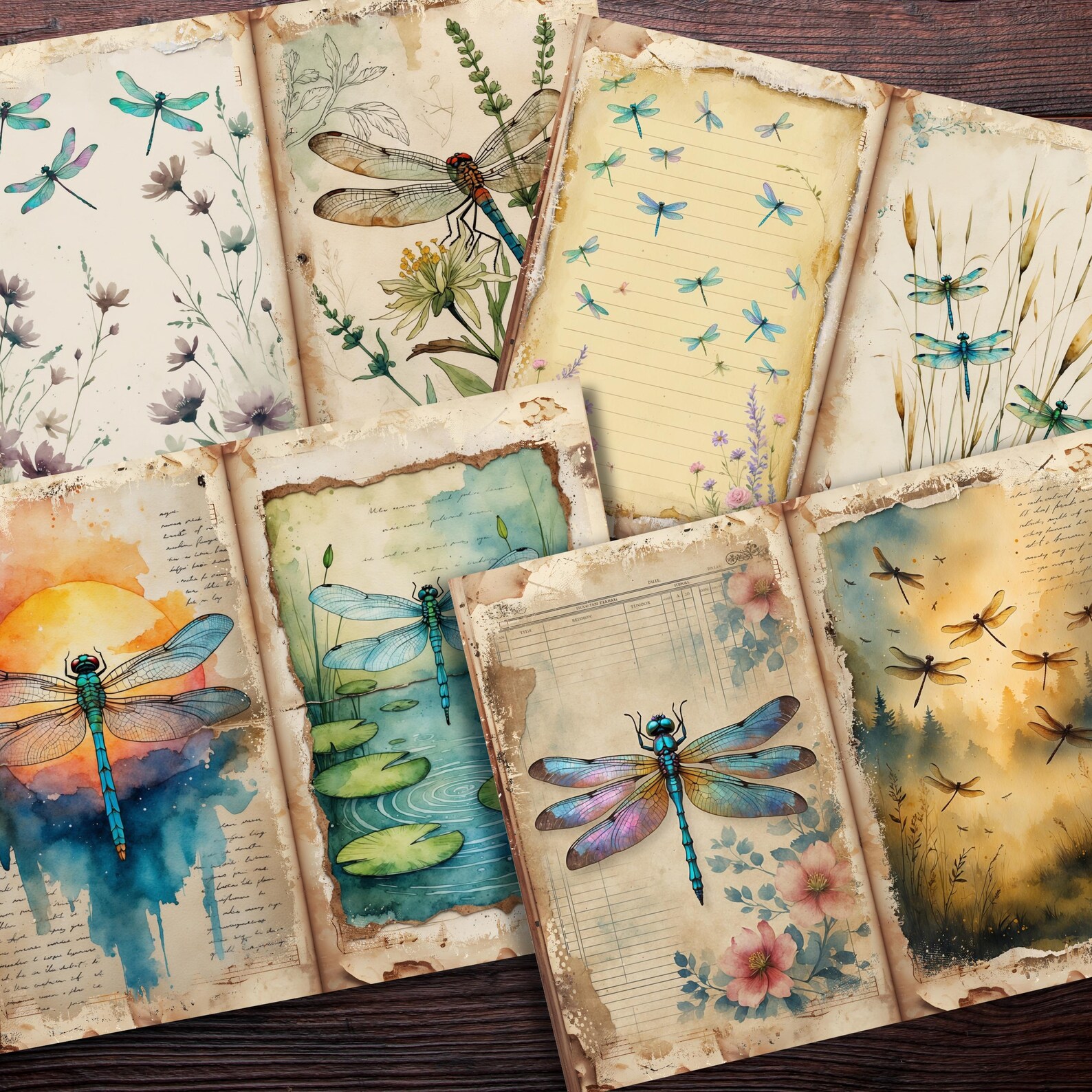 Dragonfly Junk Journal Kit: Vintage Watercolor Ephemera (digital ...