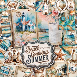 May include: A collage of beach-themed ephemera, including watercolor illustrations of a lighthouse, beach scenes, seashells, and a sandcastle. The central element is a decorative sign that reads "Beach Combing Summer" with "68 pages" below.